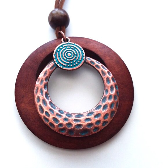 Necklace Earrings Copper 3pc Set Wood Leather Dangle Boho Hippie Trendy Stylish - Picture 2 of 4